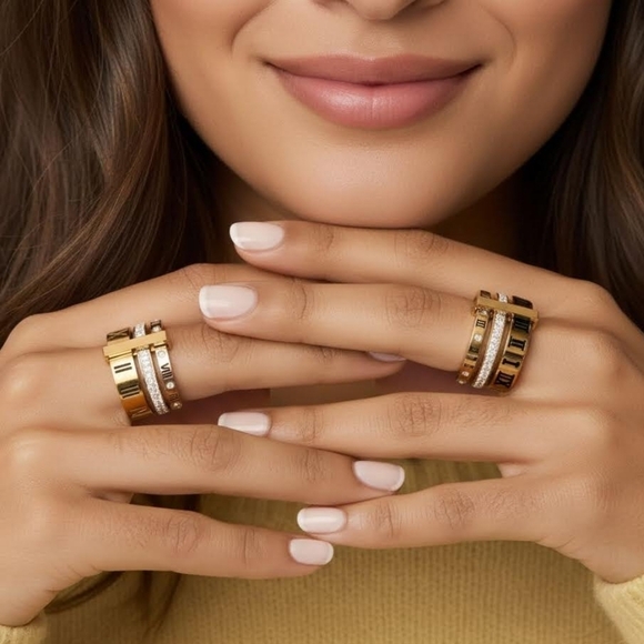 Modern Classic Roman Numeral Unisex Ring 18K Gold Plated Stainless Steel Sz 7 - Picture 3 of 15